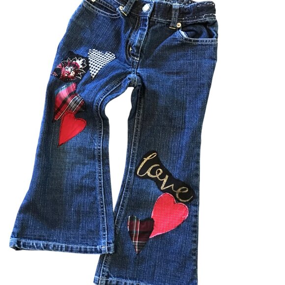 Upcycled Patchwork Jeans, Child's Size 5: Handmade Heart Patches Front and Back - Picture 13 of 16